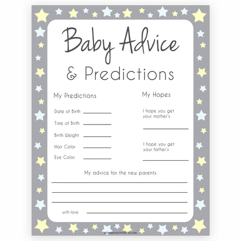 Grey Yellow Stars Baby Advice & Predictions, Printable Baby Shower Games, Baby Advice Game, Stars Baby Predictions Games, Baby Shower, printable baby shower games, fun baby shower games, popular baby shower games
