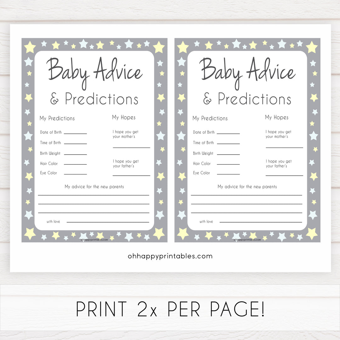 Grey Yellow Stars Baby Advice & Predictions, Printable Baby Shower Games, Baby Advice Game, Stars Baby Predictions Games, Baby Shower, printable baby shower games, fun baby shower games, popular baby shower games