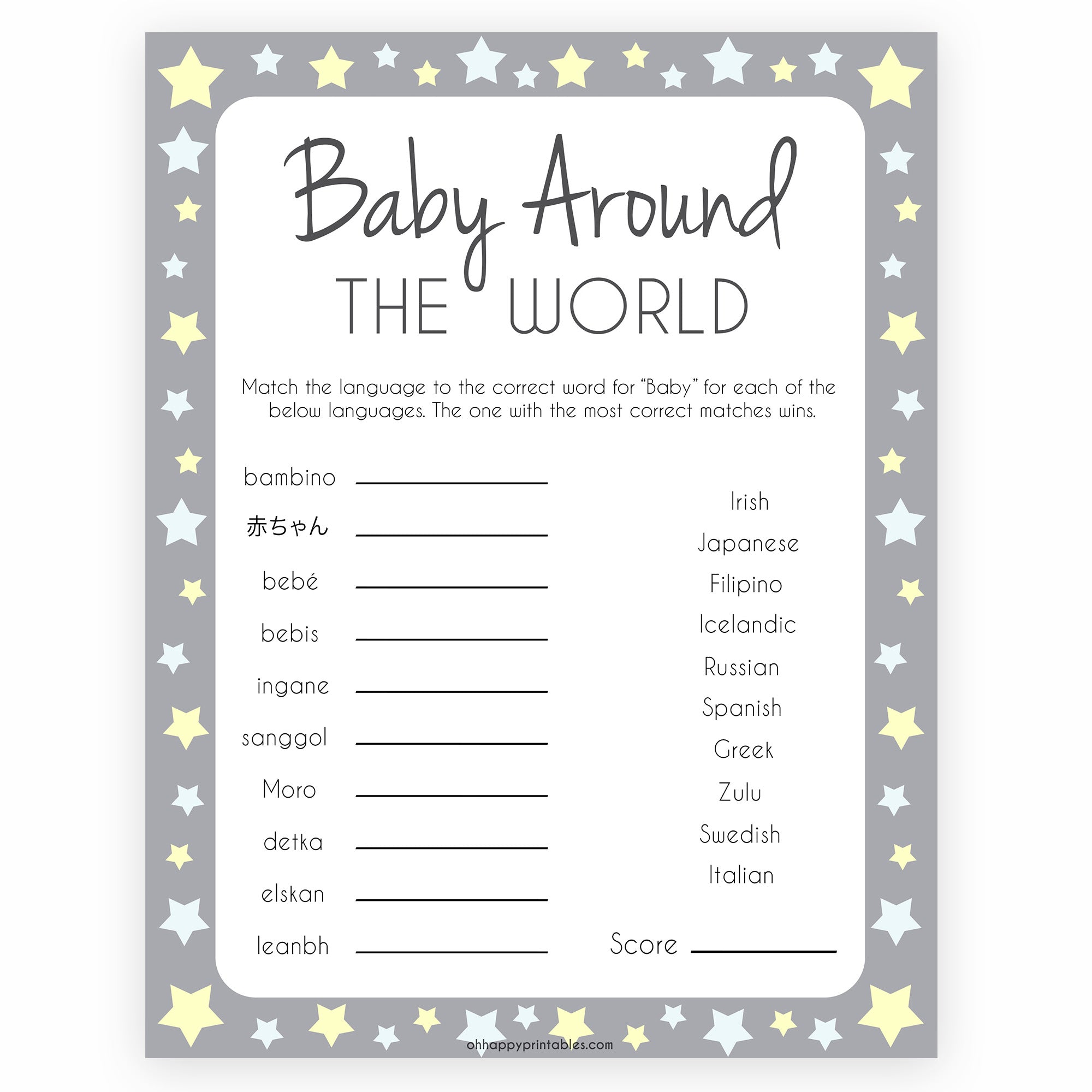 Grey Yellow Stars Baby Around The World Game, Grey Baby in Different Languages, Printable Baby Shower Games, Yellow Stars Baby Game, printable baby shower games, fun baby shower games, popular baby shower games