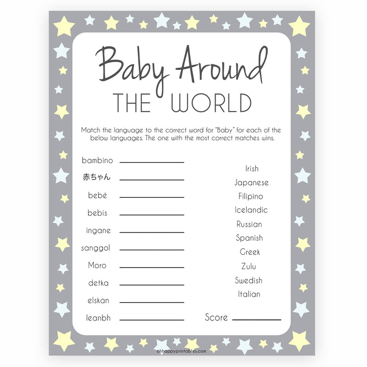 Grey Yellow Stars Baby Around The World Game, Grey Baby in Different Languages, Printable Baby Shower Games, Yellow Stars Baby Game, printable baby shower games, fun baby shower games, popular baby shower games