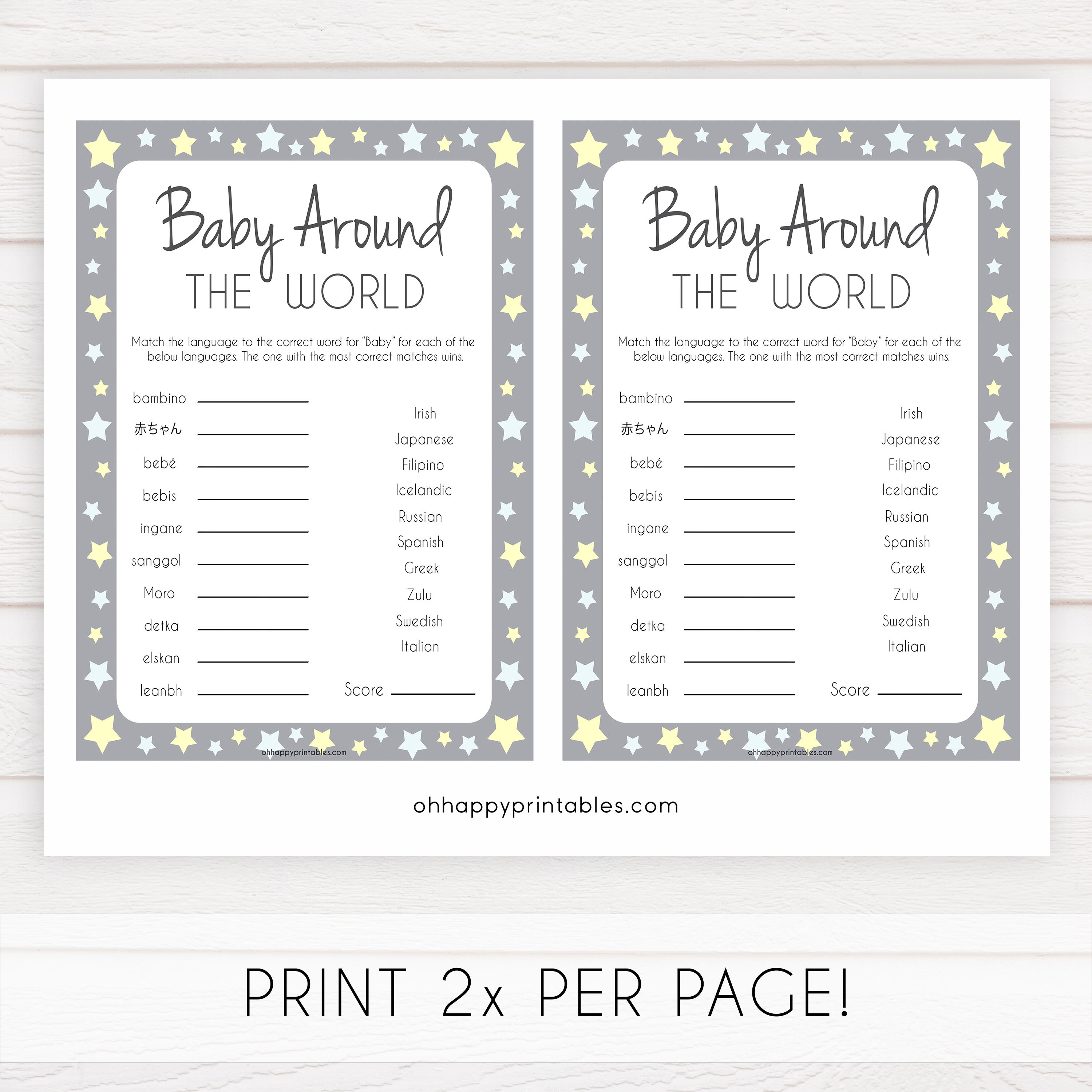 Grey Yellow Stars Baby Around The World Game, Grey Baby in Different Languages, Printable Baby Shower Games, Yellow Stars Baby Game, printable baby shower games, fun baby shower games, popular baby shower games