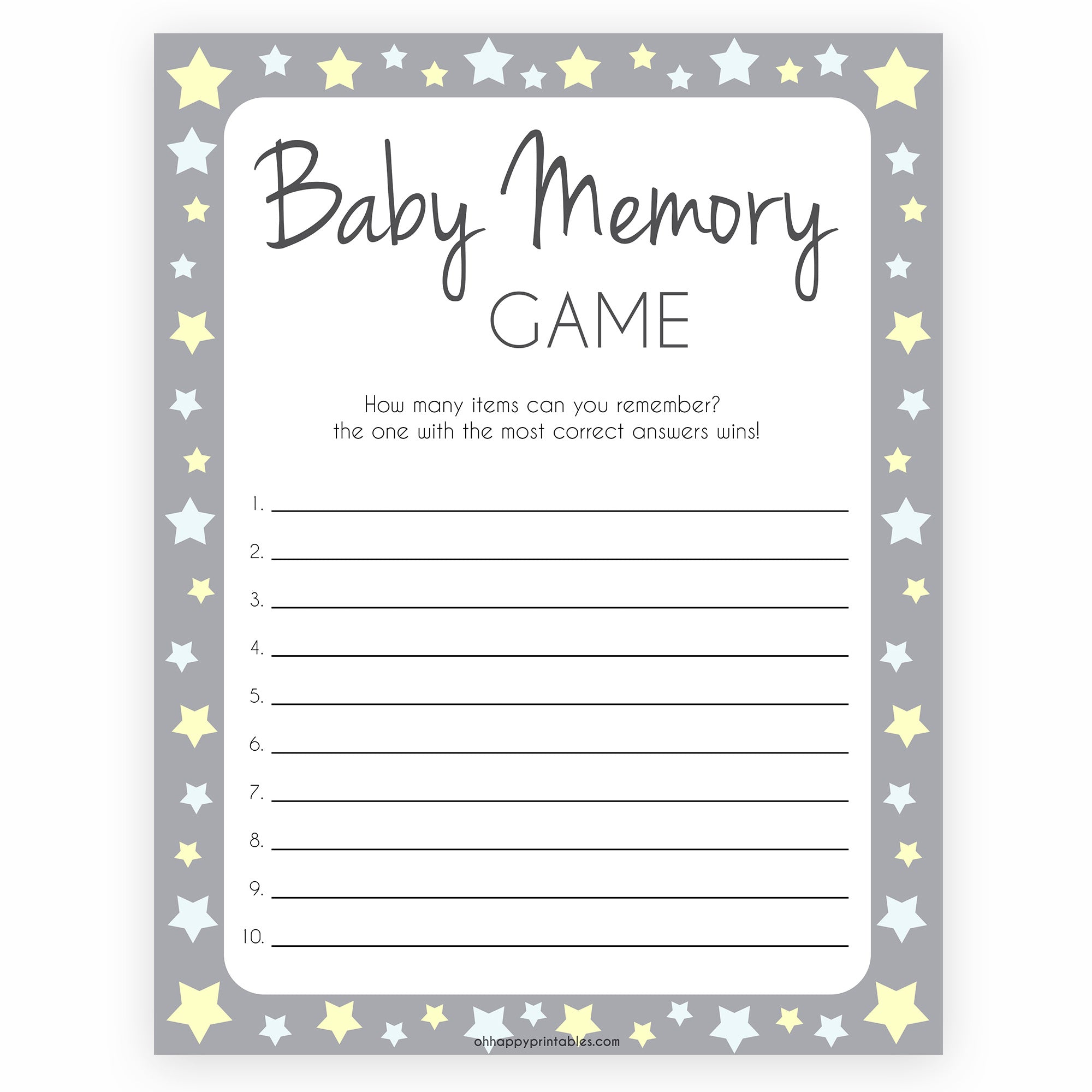 Baby Memory Game Grey Stars, Printable Baby Shower Games, Baby Shower Memory Game, Baby Shower Games, Baby Guessing Game, Baby Games, printable baby shower games, fun baby shower games, popular baby shower games