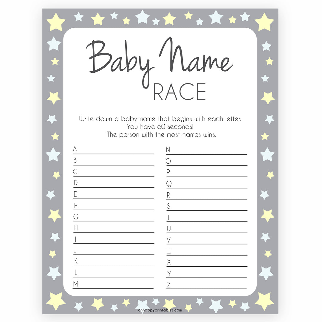 Grey Yellow Star Baby Name Race Game, Printable Baby Shower Games, Baby Names Game, Baby Names, Grey Baby Shower Game, Baby Name Race, popular baby shower games, printable baby shower games fun baby shower games