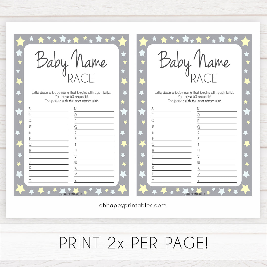 Grey Yellow Star Baby Name Race Game, Printable Baby Shower Games, Baby Names Game, Baby Names, Grey Baby Shower Game, Baby Name Race, popular baby shower games, printable baby shower games fun baby shower games