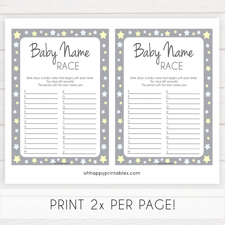 Grey Yellow Star Baby Name Race Game, Printable Baby Shower Games, Baby Names Game, Baby Names, Grey Baby Shower Game, Baby Name Race, popular baby shower games, printable baby shower games fun baby shower games