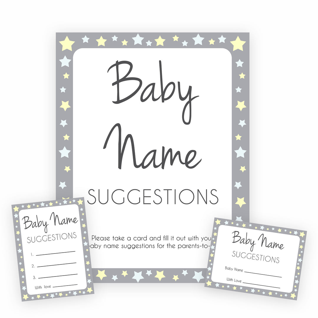 Baby Name Suggestion Grey Yellow Stars, Baby Name Suggestions, Printable Baby Shower Games, Baby Games, Baby Names, Grey Baby Name Cards, popular baby shower games, printable baby shower games, fun baby shower games