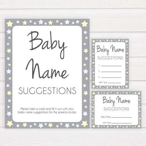 Baby Name Suggestion Grey Yellow Stars, Baby Name Suggestions, Printable Baby Shower Games, Baby Games, Baby Names, Grey Baby Name Cards, popular baby shower games, printable baby shower games, fun baby shower games