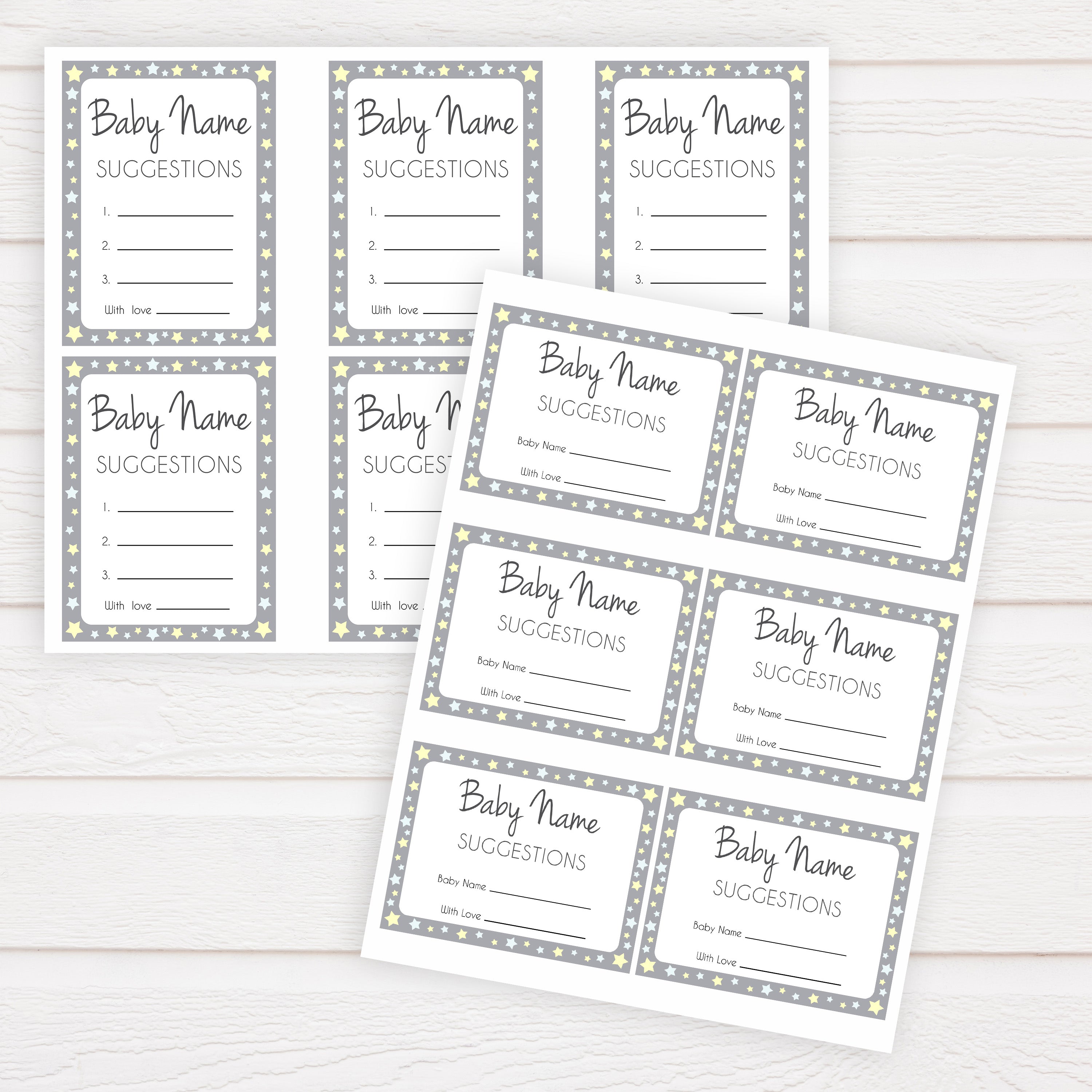 Baby Name Suggestion Grey Yellow Stars, Baby Name Suggestions, Printable Baby Shower Games, Baby Games, Baby Names, Grey Baby Name Cards, popular baby shower games, printable baby shower games, fun baby shower games