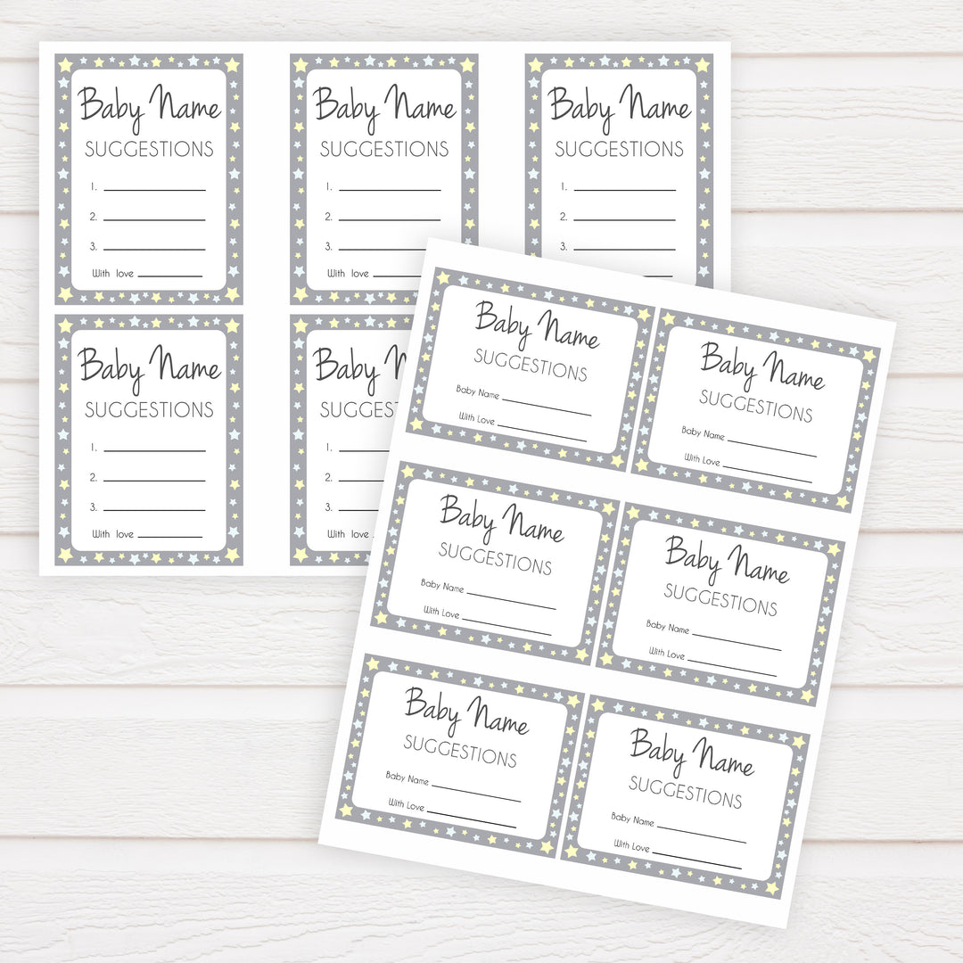 Baby Name Suggestion Grey Yellow Stars, Baby Name Suggestions, Printable Baby Shower Games, Baby Games, Baby Names, Grey Baby Name Cards, popular baby shower games, printable baby shower games, fun baby shower games
