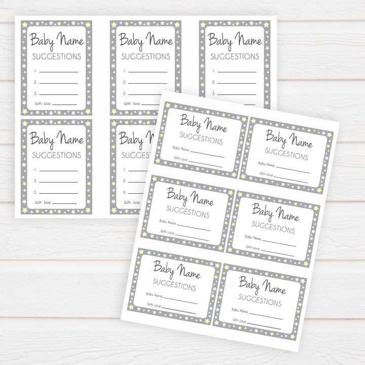 Baby Name Suggestion Grey Yellow Stars, Baby Name Suggestions, Printable Baby Shower Games, Baby Games, Baby Names, Grey Baby Name Cards, popular baby shower games, printable baby shower games, fun baby shower games