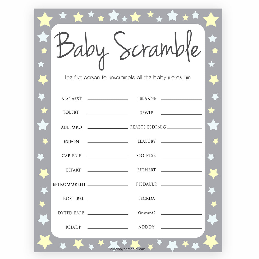 Grey Yellow Stars Baby Word Scramble Game, Grey Baby Word Scramble, Grey Baby Scattagories, Printable Baby Shower Games, Word Scramble, printable baby shower games, fun baby shower games, popular baby shower games