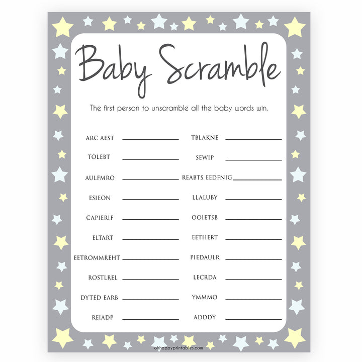 Grey Yellow Stars Baby Word Scramble Game, Grey Baby Word Scramble, Grey Baby Scattagories, Printable Baby Shower Games, Word Scramble, printable baby shower games, fun baby shower games, popular baby shower games