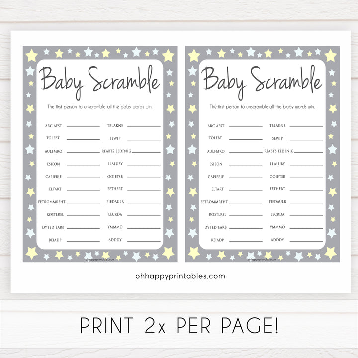 Grey Yellow Stars Baby Word Scramble Game, Grey Baby Word Scramble, Grey Baby Scattagories, Printable Baby Shower Games, Word Scramble, printable baby shower games, fun baby shower games, popular baby shower games