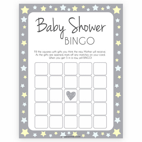 Grey Yellow Stars Baby Shower Bingo, Printable Baby Shower Games, Baby Bingo Game, Grey Baby Shower, Grey Yellow Star Baby Shower Games, popular baby shower games, fun baby shower games