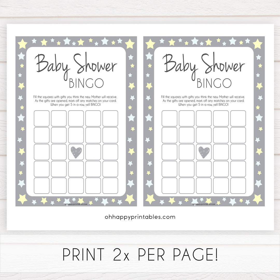 Grey Yellow Stars Baby Shower Bingo, Printable Baby Shower Games, Baby Bingo Game, Grey Baby Shower, Grey Yellow Star Baby Shower Games, popular baby shower games, fun baby shower games