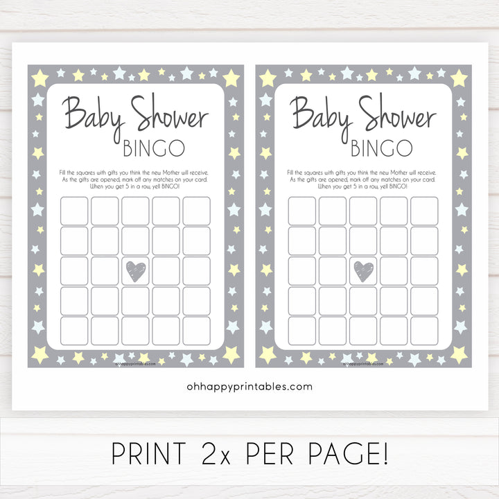 Grey Yellow Stars Baby Shower Bingo, Printable Baby Shower Games, Baby Bingo Game, Grey Baby Shower, Grey Yellow Star Baby Shower Games, popular baby shower games, fun baby shower games