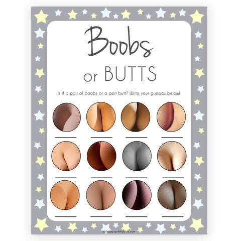 Grey Yellow Stars Boobs or Butts Game, Printable Baby Shower Games, Boobs or Butts Game, Baby Shower Games, Boob Baby Game, Baby Games, popular baby games, fun baby shower games