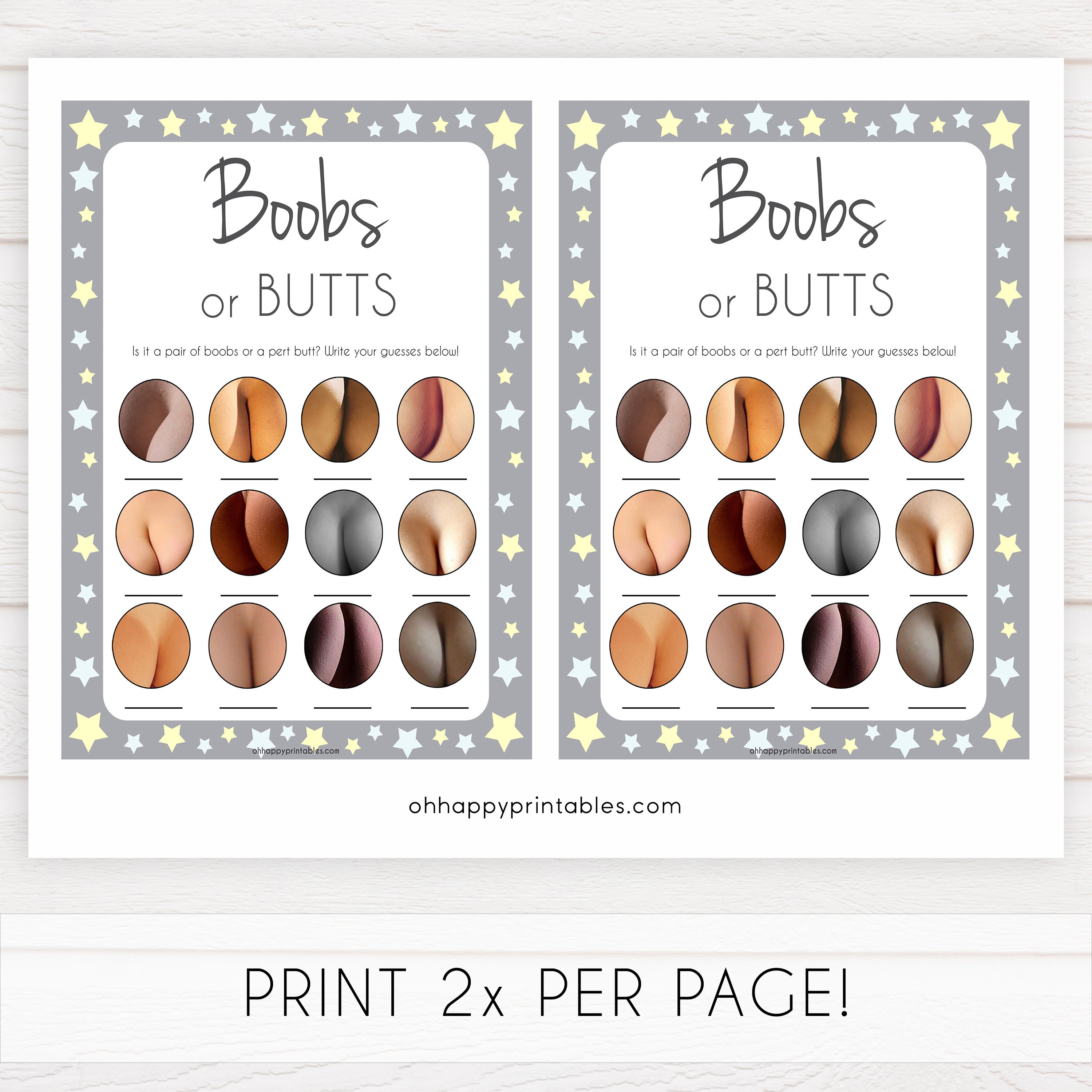 Grey Yellow Stars Boobs or Butts Game, Printable Baby Shower Games, Boobs or Butts Game, Baby Shower Games, Boob Baby Game, Baby Games, popular baby games, fun baby shower games