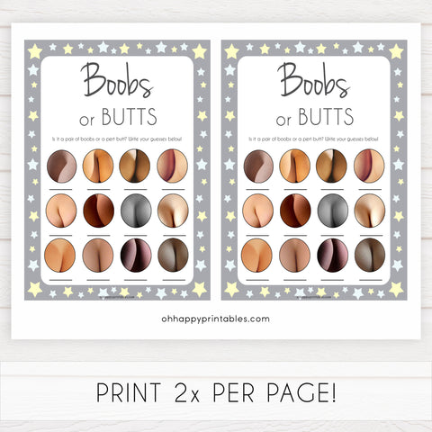 Grey Yellow Stars Boobs or Butts Game, Printable Baby Shower Games, Boobs or Butts Game, Baby Shower Games, Boob Baby Game, Baby Games, popular baby games, fun baby shower games