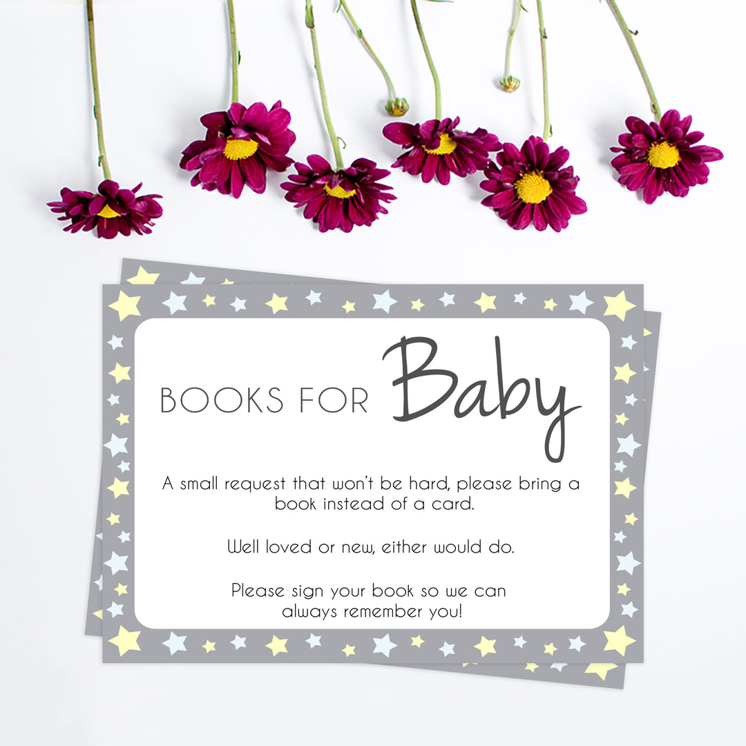 grey & yellow stars, bring a book, books for baby, printable baby shower games, fun baby games, top baby shower games