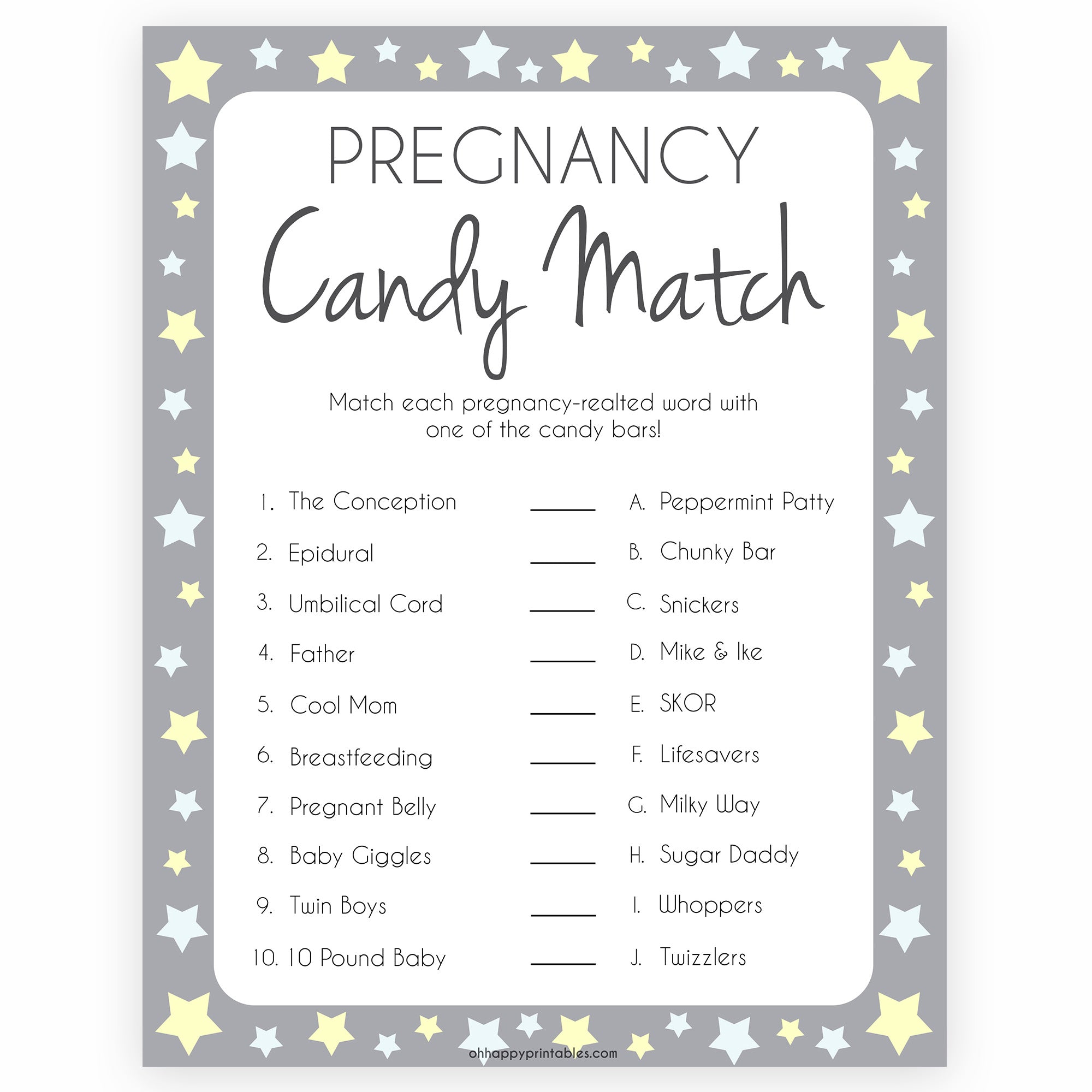 Grey Yellow Stars Pregnancy Candy Match Game, Baby Shower Games, Candy Match Baby Game, Stars Baby Shower Games, Pregnancy Candy Match, fun baby shower games, popular baby shower games