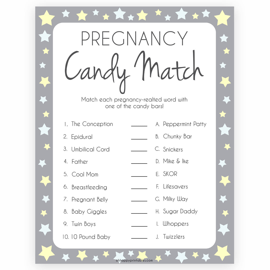 Grey Yellow Stars Pregnancy Candy Match Game, Baby Shower Games, Candy Match Baby Game, Stars Baby Shower Games, Pregnancy Candy Match, fun baby shower games, popular baby shower games