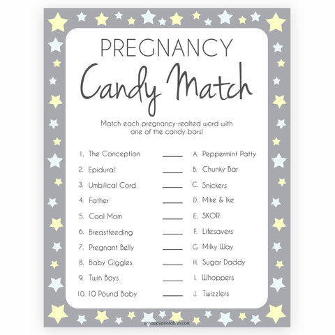 Grey Yellow Stars Pregnancy Candy Match Game, Baby Shower Games, Candy Match Baby Game, Stars Baby Shower Games, Pregnancy Candy Match, fun baby shower games, popular baby shower games