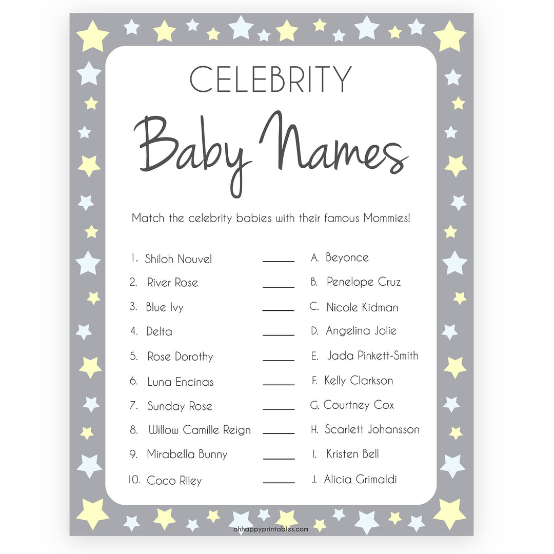 Grey Yellow Stars Celebrity Baby Names, Guess the Celebrity Baby, Famous Babies Game, Celebrity Babies Game, Printable Baby Shower Game, fun baby shower games, popular baby shower games