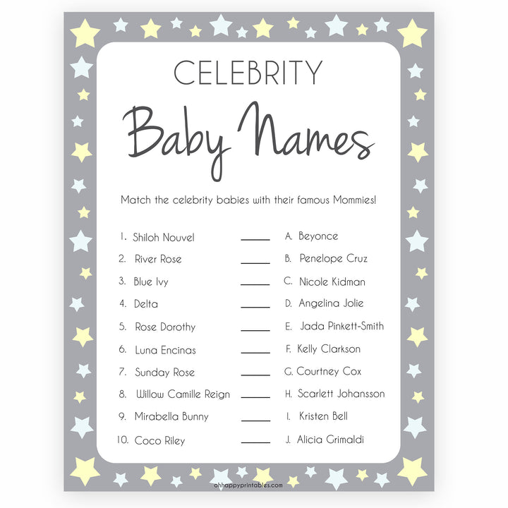 Grey Yellow Stars Celebrity Baby Names, Guess the Celebrity Baby, Famous Babies Game, Celebrity Babies Game, Printable Baby Shower Game, fun baby shower games, popular baby shower games