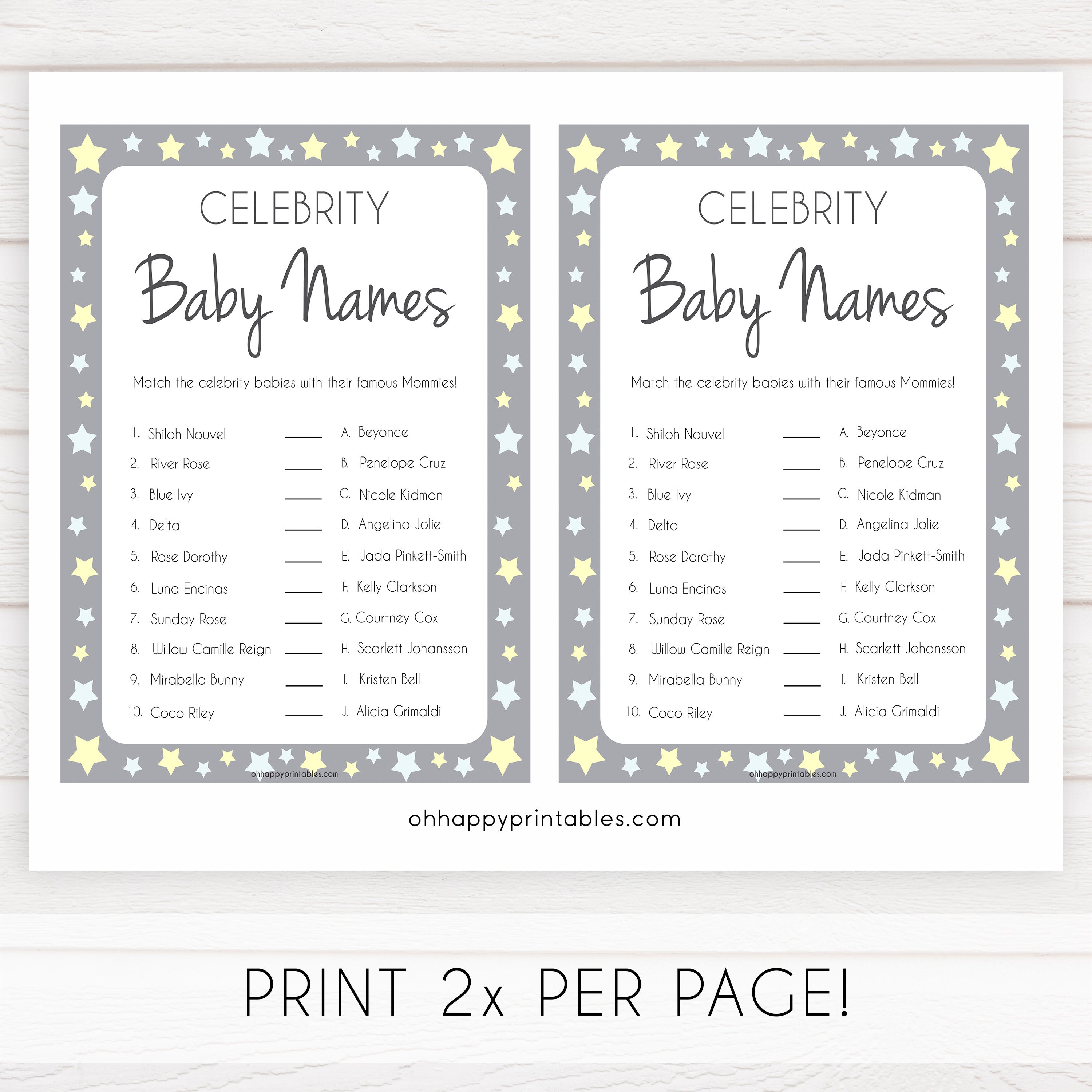 Grey Yellow Stars Celebrity Baby Names, Guess the Celebrity Baby, Famous Babies Game, Celebrity Babies Game, Printable Baby Shower Game, fun baby shower games, popular baby shower games