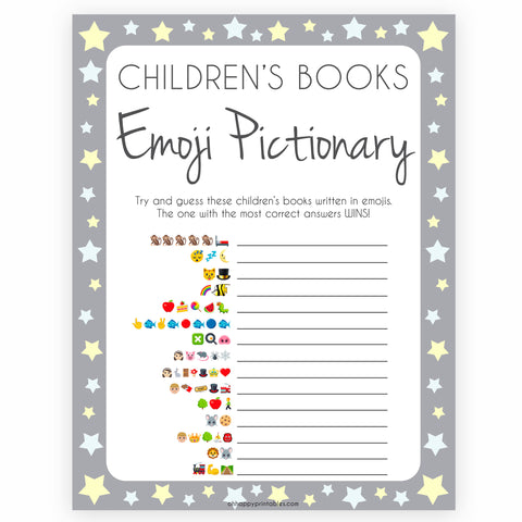 Grey Yellow Stars Childrens Books Emoji Pictionary, Childrens Book Emoji Game, Baby Shower Emoji Pictionary, Printable Baby Shower Games, fun baby shower games, popular baby shower games