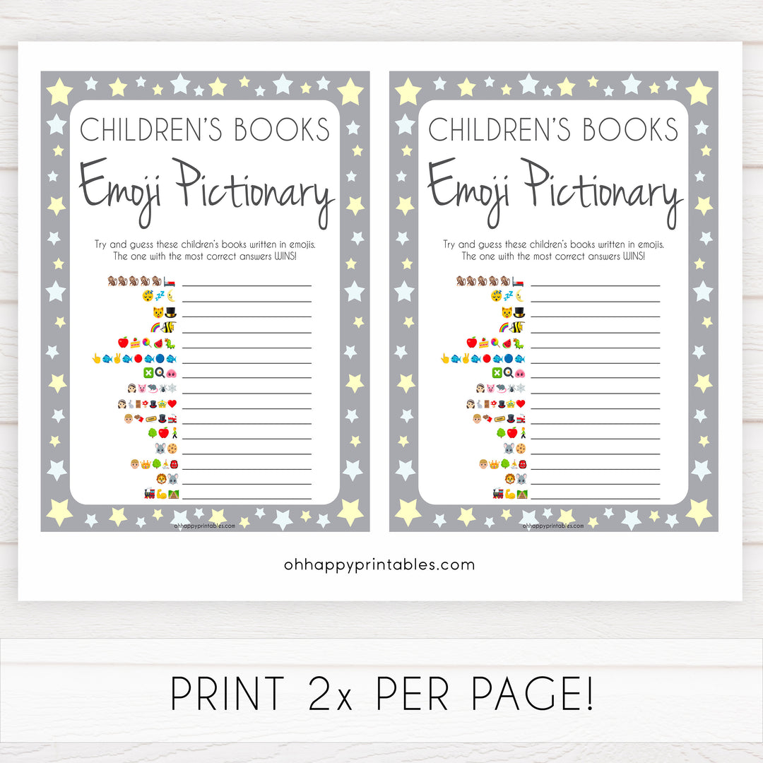 Grey Yellow Stars Childrens Books Emoji Pictionary, Childrens Book Emoji Game, Baby Shower Emoji Pictionary, Printable Baby Shower Games, fun baby shower games, popular baby shower games