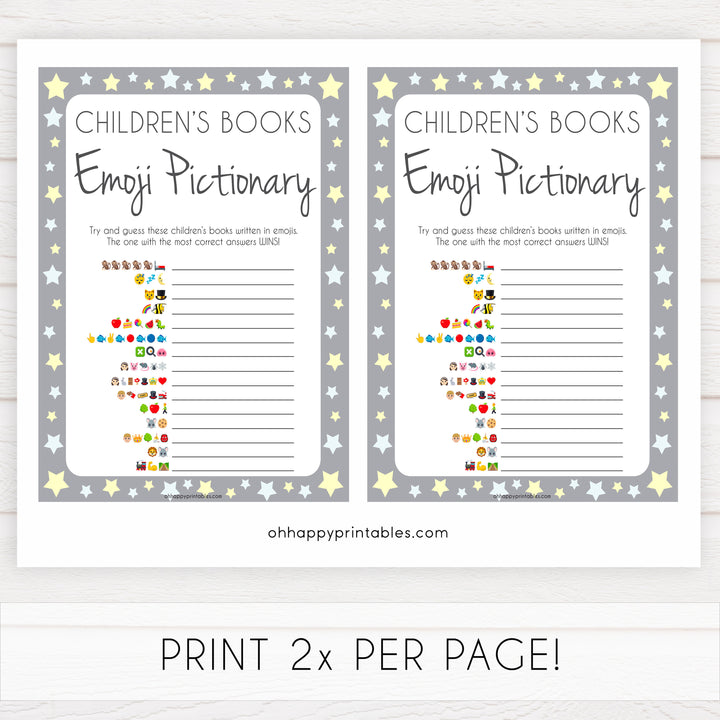 Grey Yellow Stars Childrens Books Emoji Pictionary, Childrens Book Emoji Game, Baby Shower Emoji Pictionary, Printable Baby Shower Games, fun baby shower games, popular baby shower games