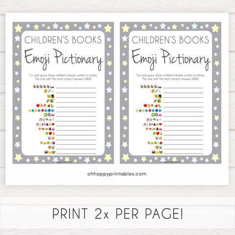Grey Yellow Stars Childrens Books Emoji Pictionary, Childrens Book Emoji Game, Baby Shower Emoji Pictionary, Printable Baby Shower Games, fun baby shower games, popular baby shower games