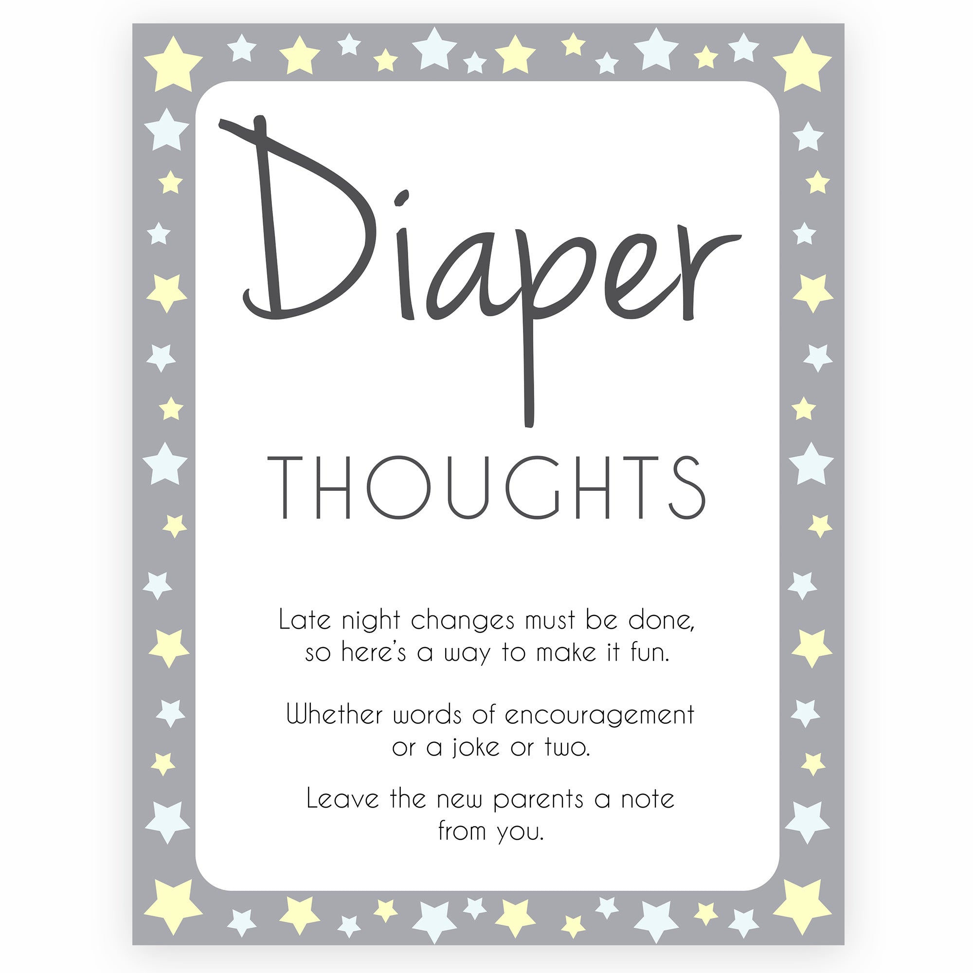 Grey Yellow Stars Diaper Thoughts, Sign the Diaper, Diaper Stations, Stars Diaper Signing, Diaper Message, Diaper Thoughts, Diaper Sign , printable baby shower games, fun baby shower games, popular baby shower games