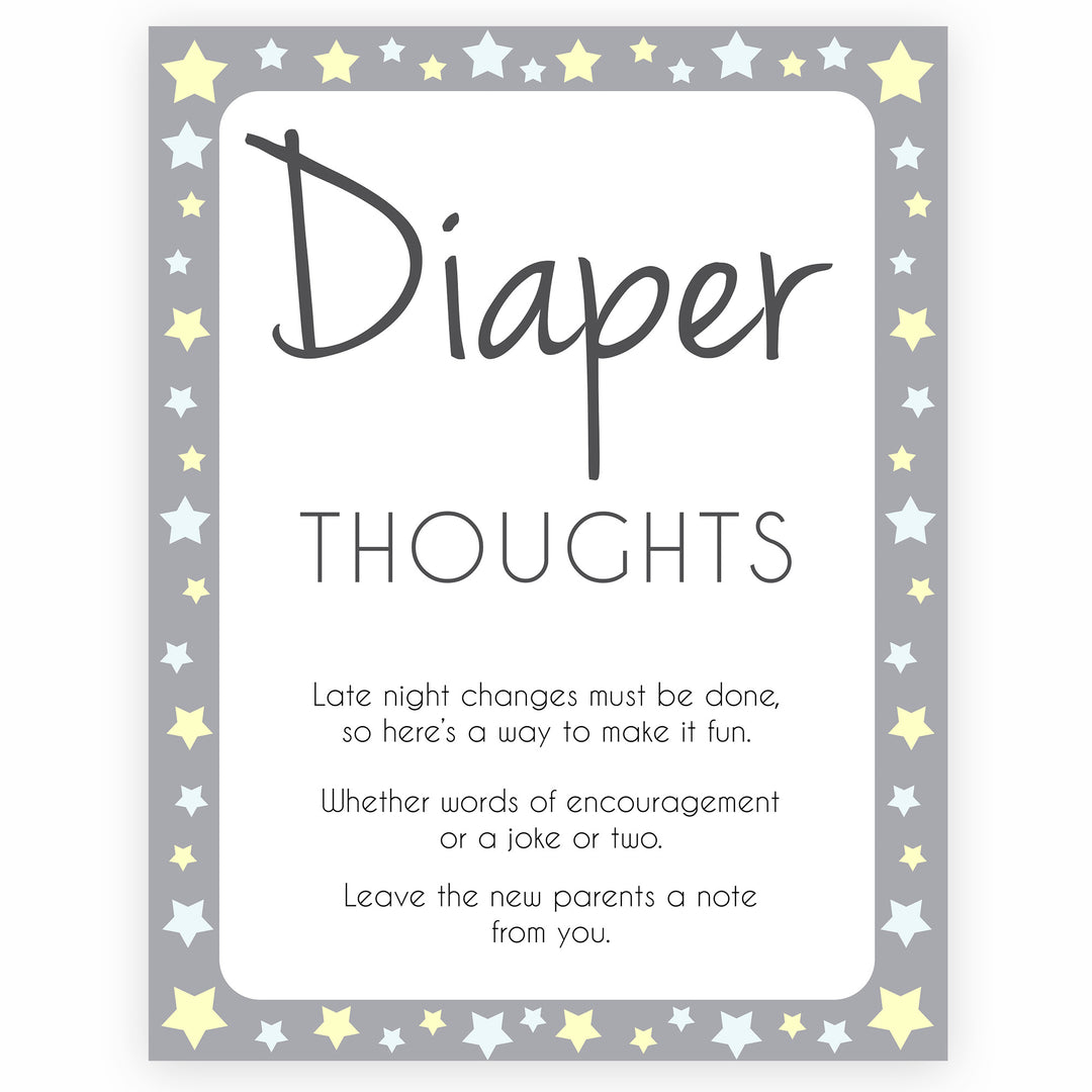 Grey Yellow Stars Diaper Thoughts, Sign the Diaper, Diaper Stations, Stars Diaper Signing, Diaper Message, Diaper Thoughts, Diaper Sign , printable baby shower games, fun baby shower games, popular baby shower games