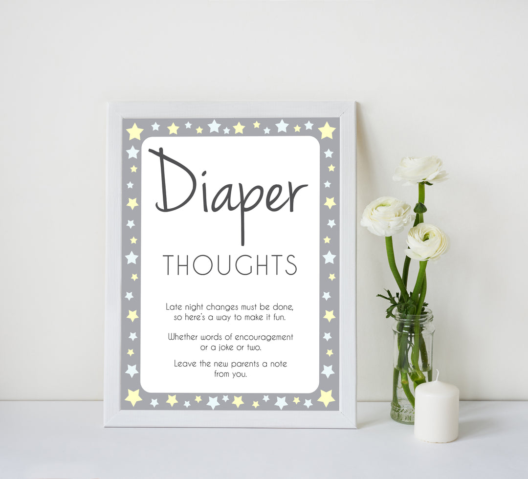 Grey Yellow Stars Diaper Thoughts, Sign the Diaper, Diaper Stations, Stars Diaper Signing, Diaper Message, Diaper Thoughts, Diaper Sign , printable baby shower games, fun baby shower games, popular baby shower games