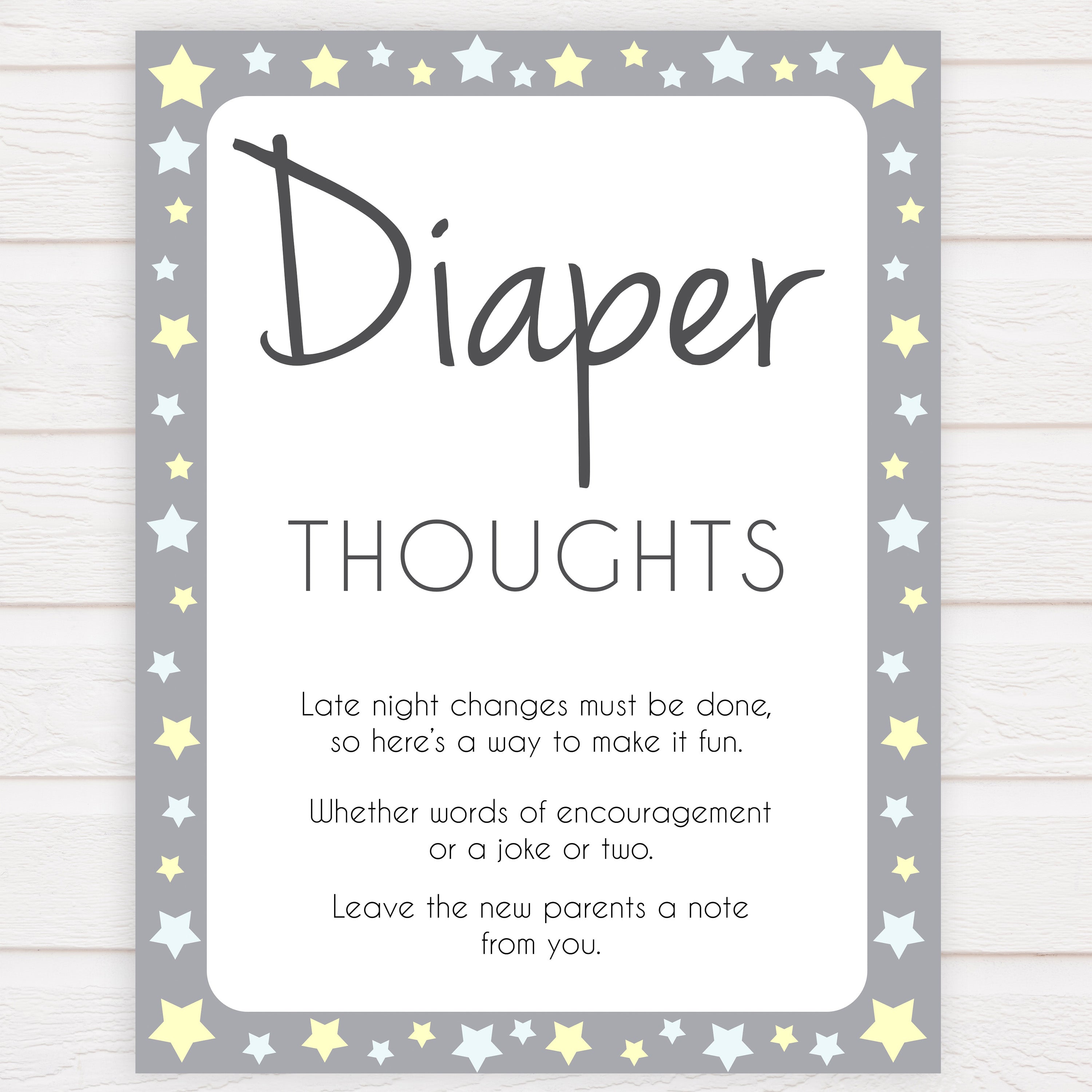 Grey Yellow Stars Diaper Thoughts, Sign the Diaper, Diaper Stations, Stars Diaper Signing, Diaper Message, Diaper Thoughts, Diaper Sign , printable baby shower games, fun baby shower games, popular baby shower games