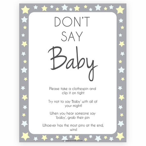 Grey Yellow Stars Don't Say Baby, Don't Say Baby Sign, Don't Say Baby Game, Printable Baby Shower Games, Dont Say Game, Grey Baby Shower, popular baby shower games, fun baby shower games