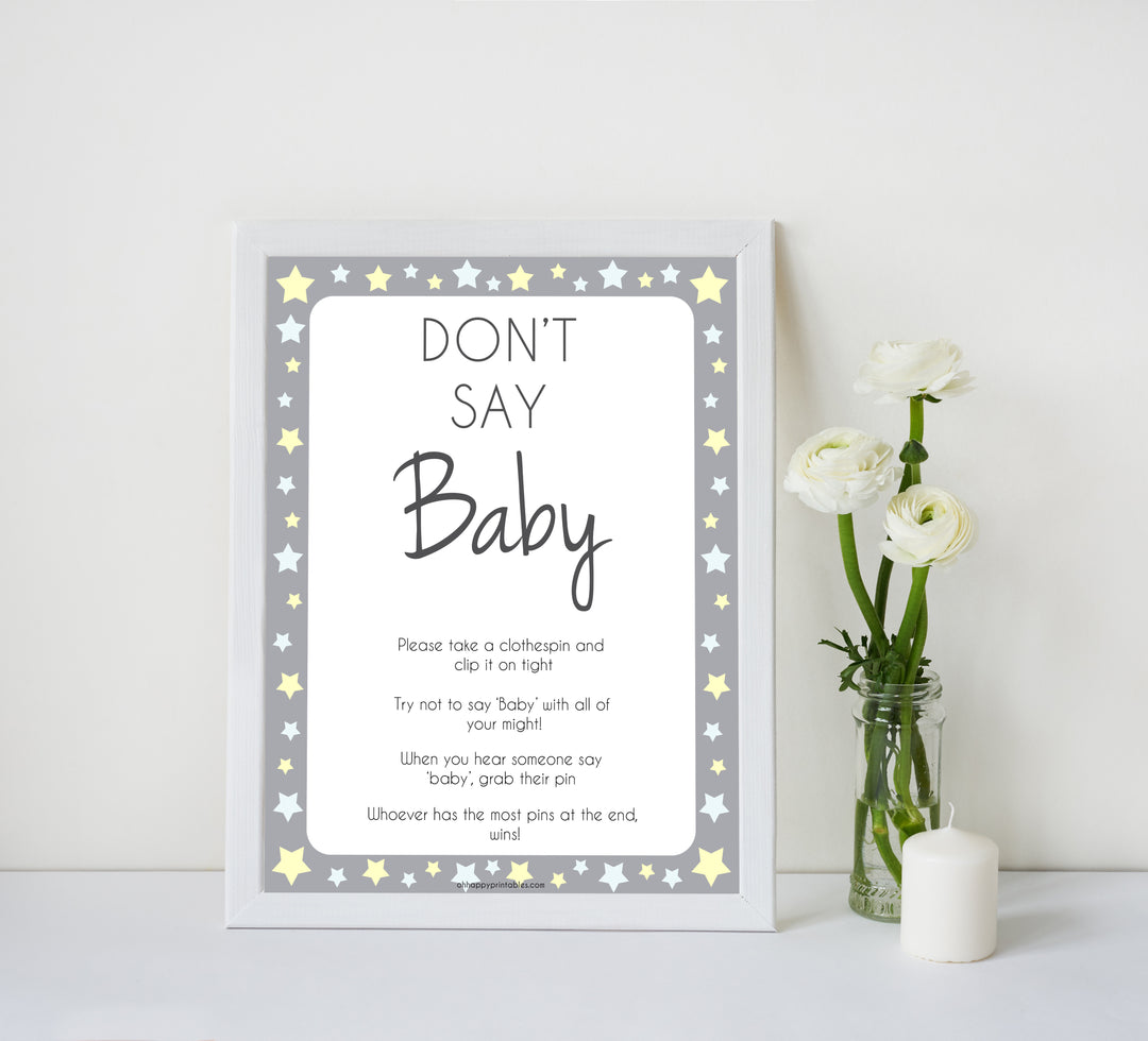 Grey Yellow Stars Don't Say Baby, Don't Say Baby Sign, Don't Say Baby Game, Printable Baby Shower Games, Dont Say Game, Grey Baby Shower, popular baby shower games, fun baby shower games