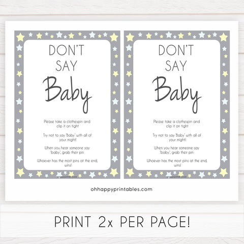 Grey Yellow Stars Don't Say Baby, Don't Say Baby Sign, Don't Say Baby Game, Printable Baby Shower Games, Dont Say Game, Grey Baby Shower, popular baby shower games, fun baby shower games