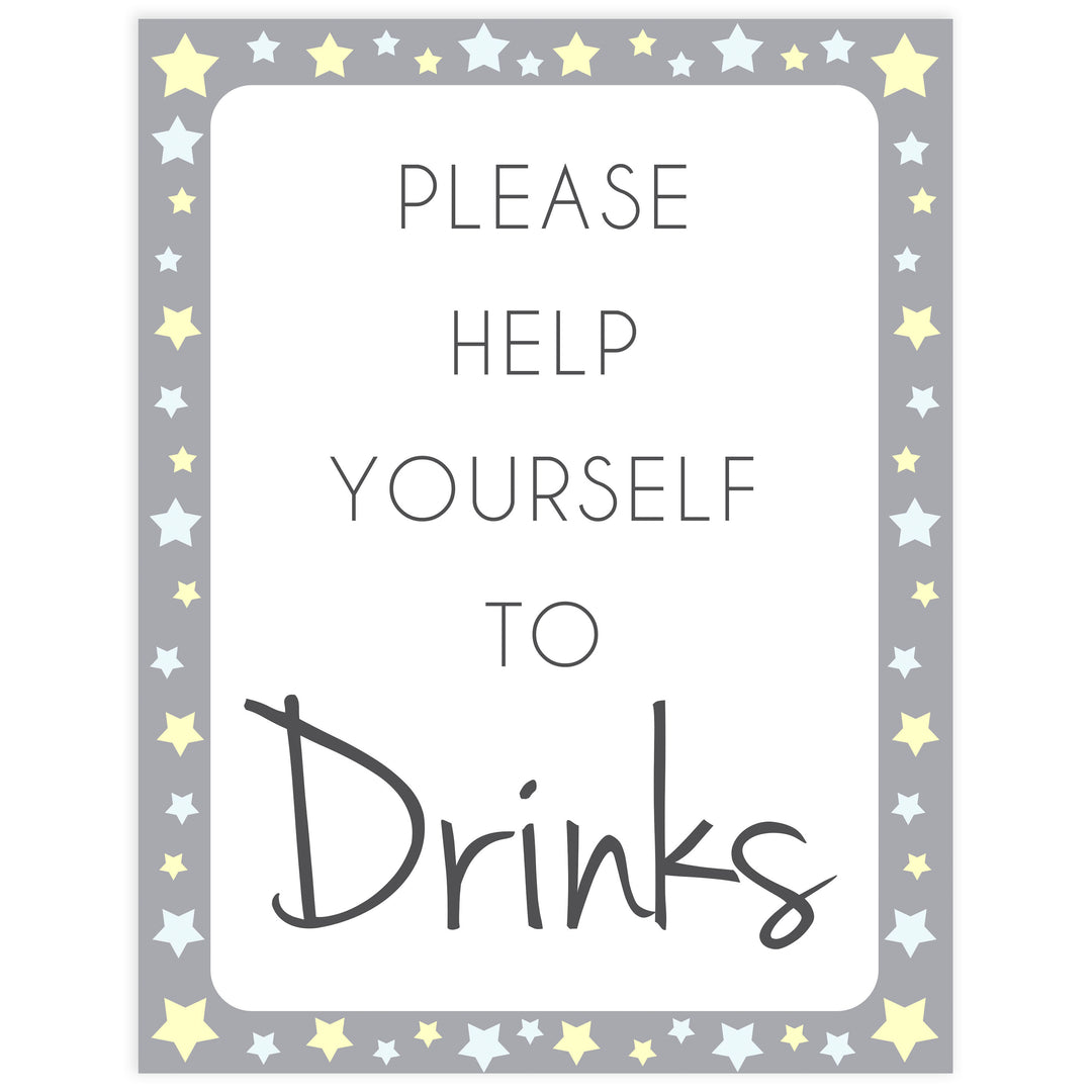 Printable baby signs, drinks baby shower sign, yellow and grey stars, printable baby shower signs, top baby shower decor, baby printable decor