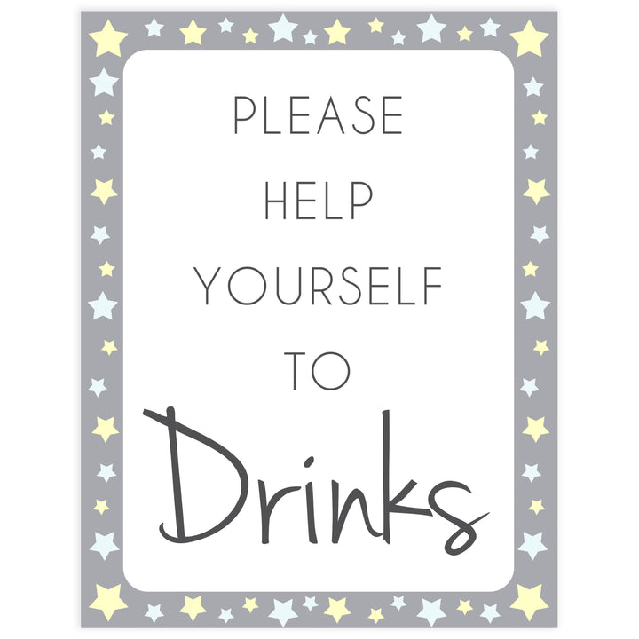 Printable baby signs, drinks baby shower sign, yellow and grey stars, printable baby shower signs, top baby shower decor, baby printable decor