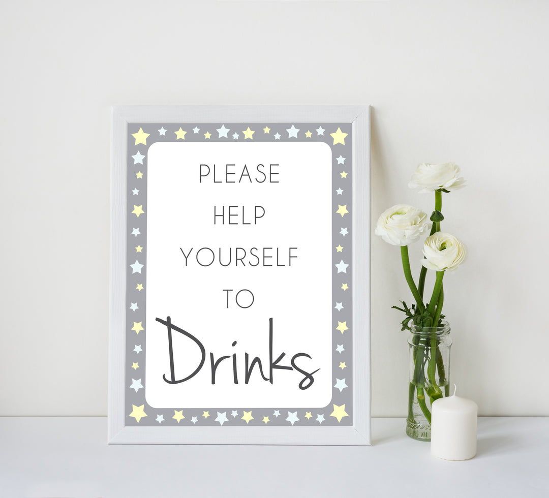 Printable baby signs, drinks baby shower sign, yellow and grey stars, printable baby shower signs, top baby shower decor, baby printable decor