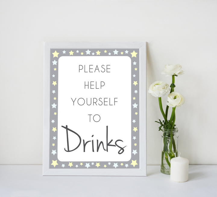 Printable baby signs, drinks baby shower sign, yellow and grey stars, printable baby shower signs, top baby shower decor, baby printable decor