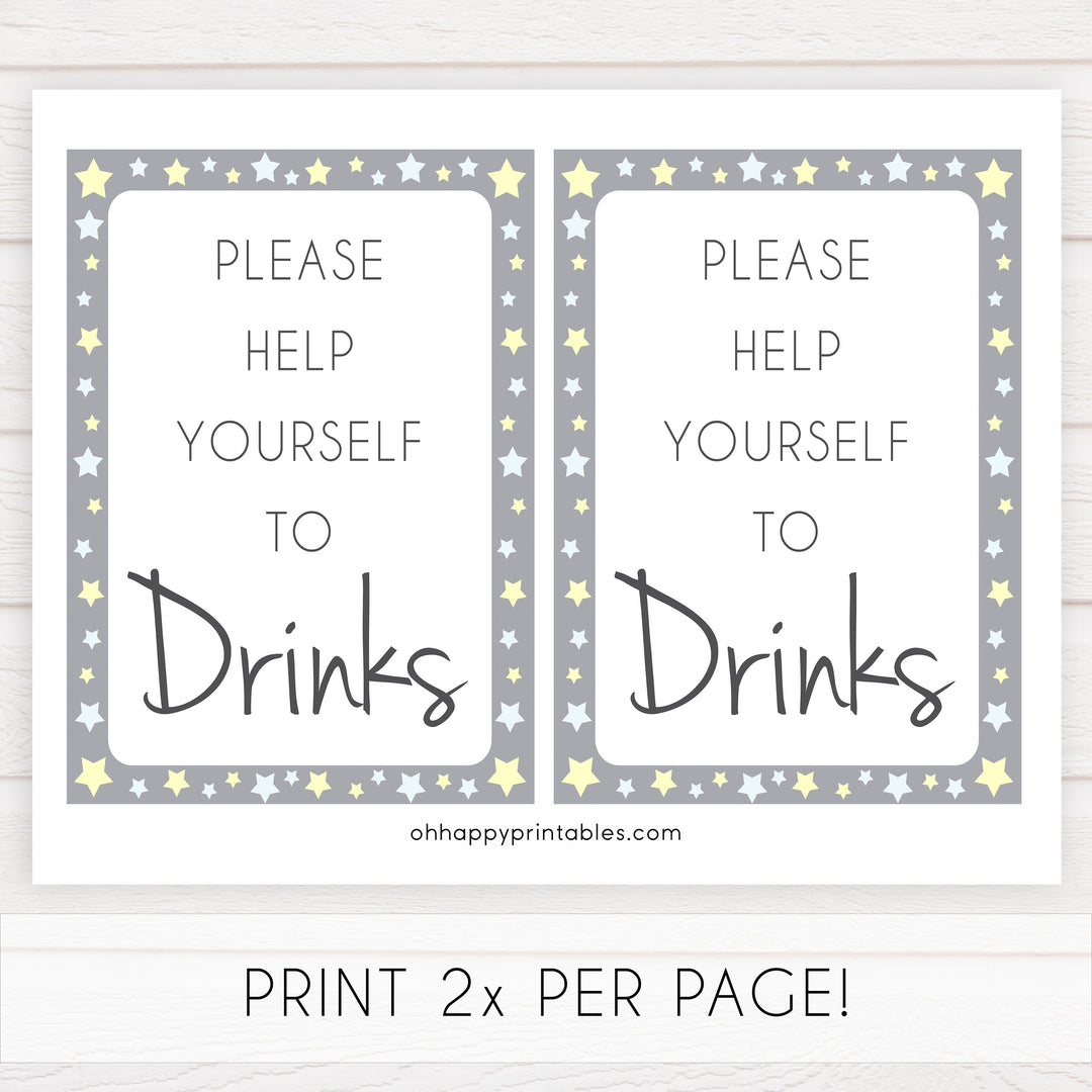 Printable baby signs, drinks baby shower sign, yellow and grey stars, printable baby shower signs, top baby shower decor, baby printable decor