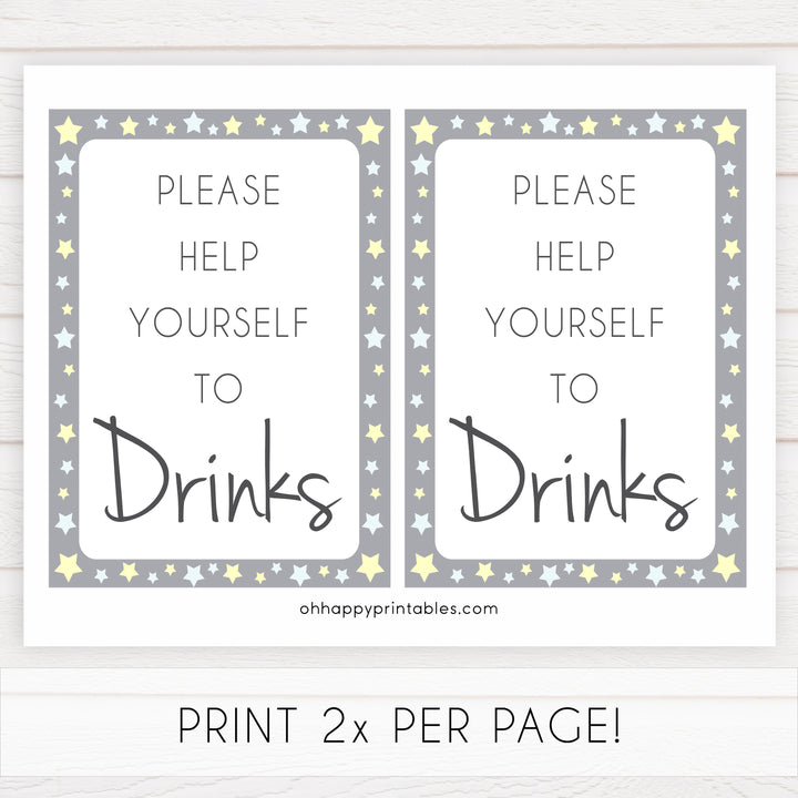 Printable baby signs, drinks baby shower sign, yellow and grey stars, printable baby shower signs, top baby shower decor, baby printable decor