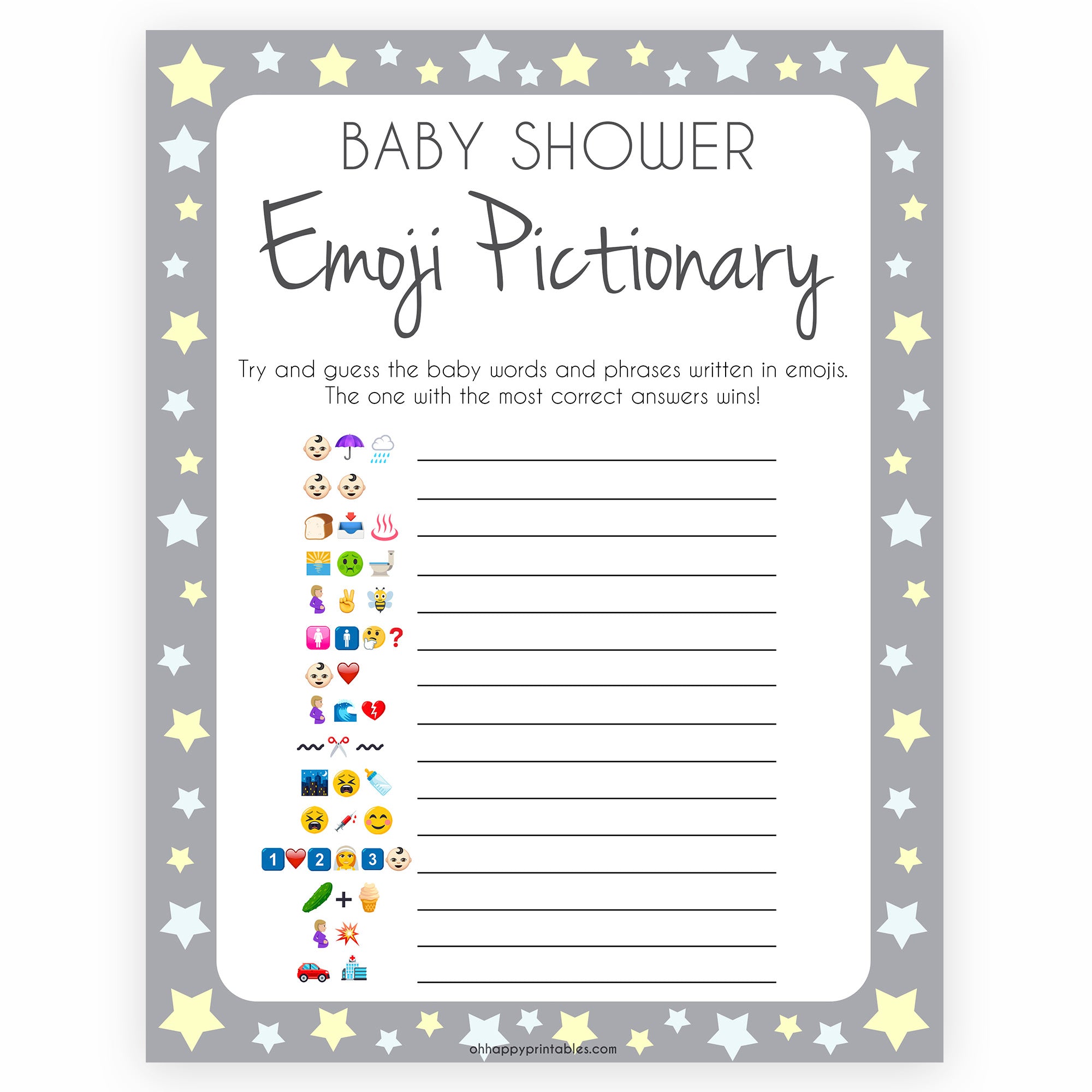 Grey Yellow Stars Emoji Pictionary Baby Shower Games, Printable Baby Shower Games, Emoji Pictionary, Stars Baby Shower Games. Emoji Game, fun abby shower games, popular baby shower games