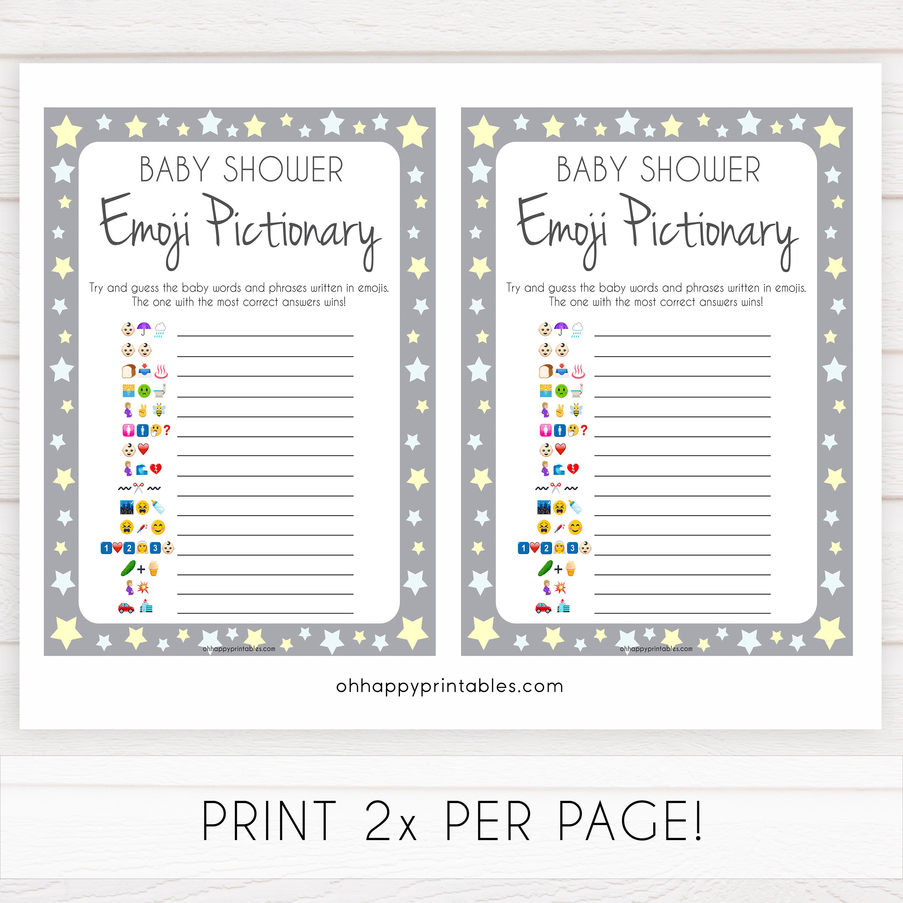 Grey Yellow Stars Emoji Pictionary Baby Shower Games, Printable Baby Shower Games, Emoji Pictionary, Stars Baby Shower Games. Emoji Game, fun abby shower games, popular baby shower games