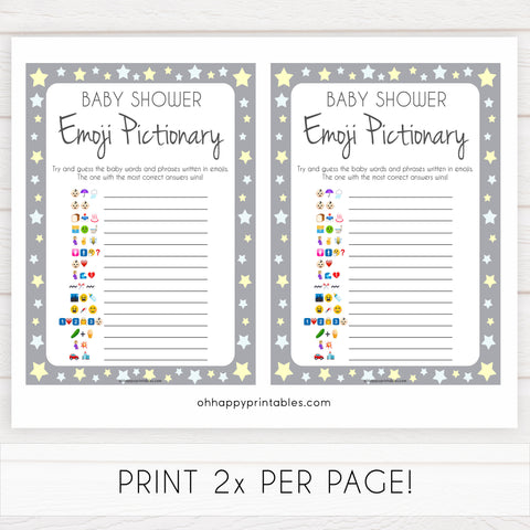 Grey Yellow Stars Emoji Pictionary Baby Shower Games, Printable Baby Shower Games, Emoji Pictionary, Stars Baby Shower Games. Emoji Game, fun abby shower games, popular baby shower games